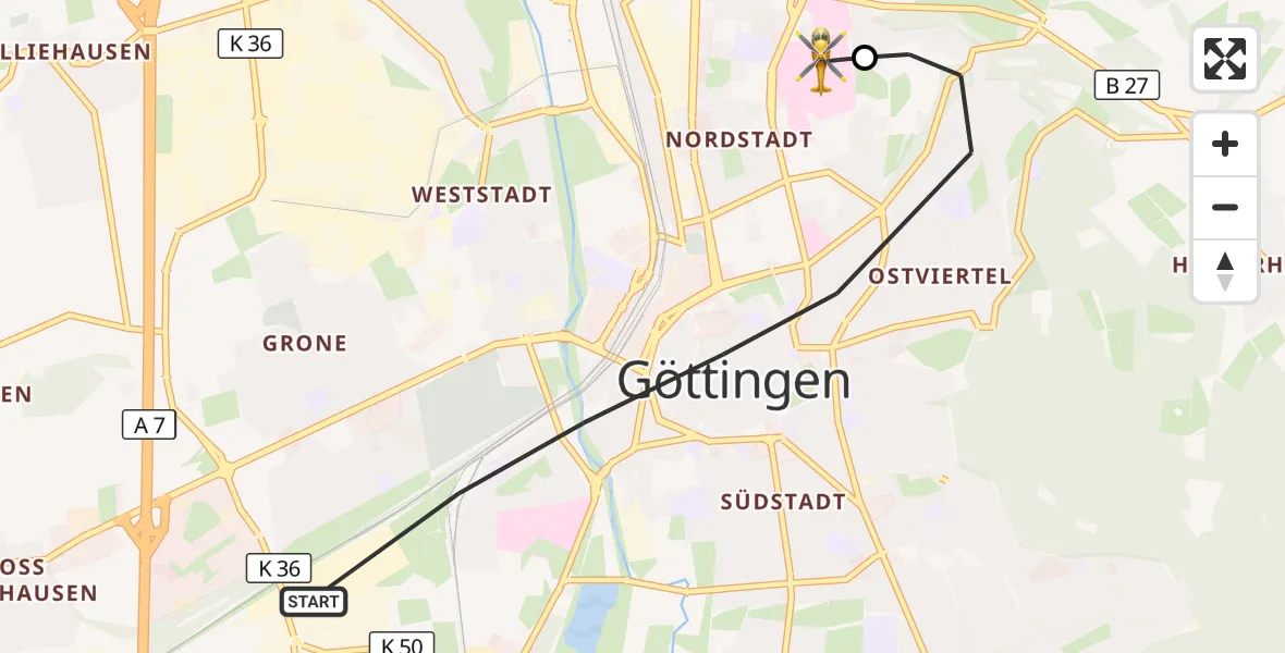 Flugroute Rettungshubschrauber Göttingen - Göttingen University Clinic Hubschrauberlandeplatz, 06 Juni 2026, 08:50