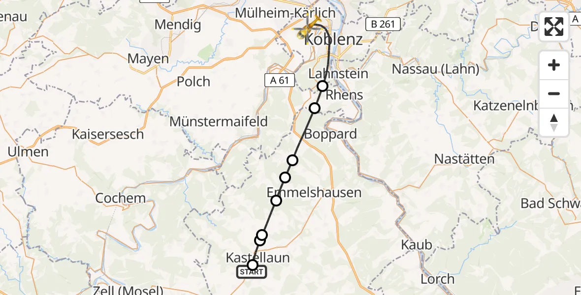 Flugroute Rettungshubschrauber Bell (Hunsrück) - Koblenz, 06 Juni 2026, 08:57