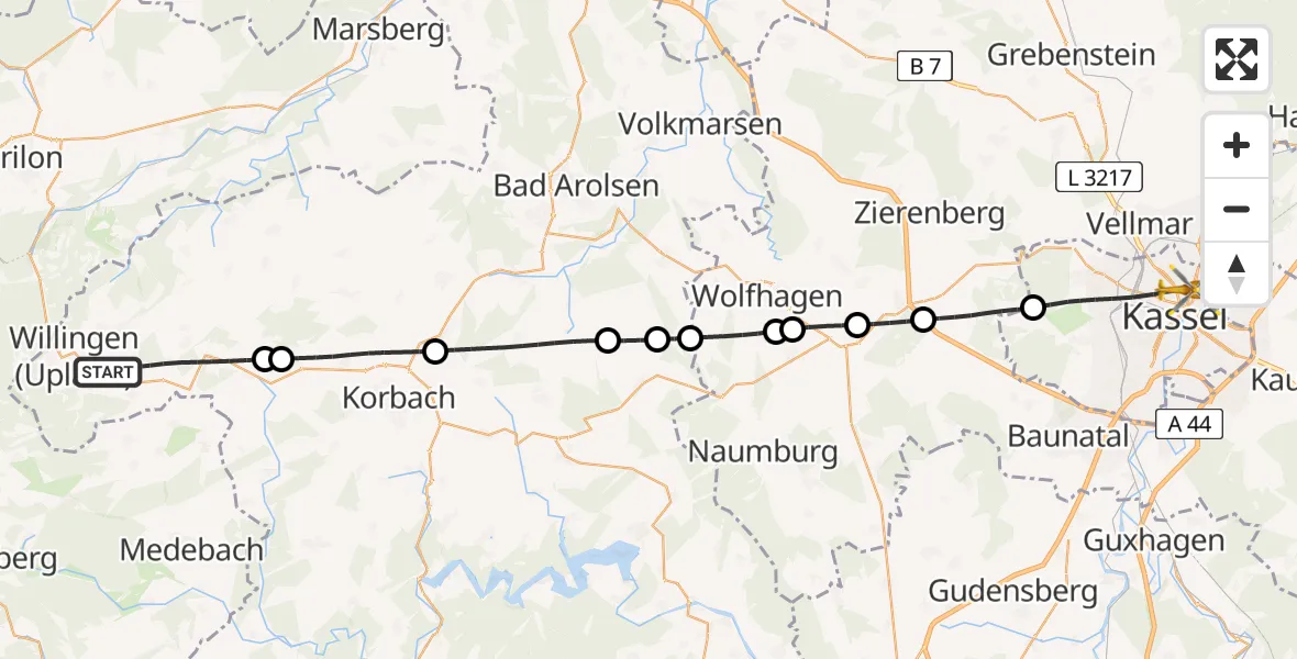 Flugroute Rettungshubschrauber Willingen (Upland) - Kassel, 06 Juni 2026, 09:01