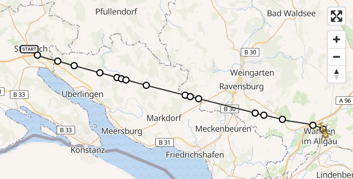 Flugroute Rettungshubschrauber Stockach - Westallgäu Clinic Wangen Hubschrauberlandeplatz, 06 Juni 2026, 09:01