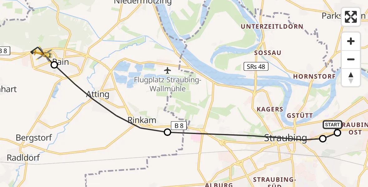 Flugroute Rettungshubschrauber Sankt Elisabeth Hospital Straubing - Rain, 06 Juni 2026, 09:08