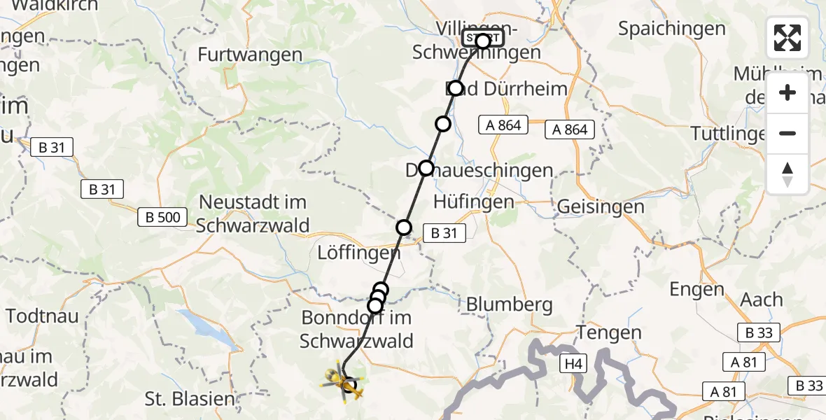 Flugroute Ambulanzhubschrauber DRF Air Rescue Station Villingen-Schwenningen Hubschrauberlandeplatz (Christoph 11) - Ühlingen-Birkendorf, 06 Juni 2026, 09:08