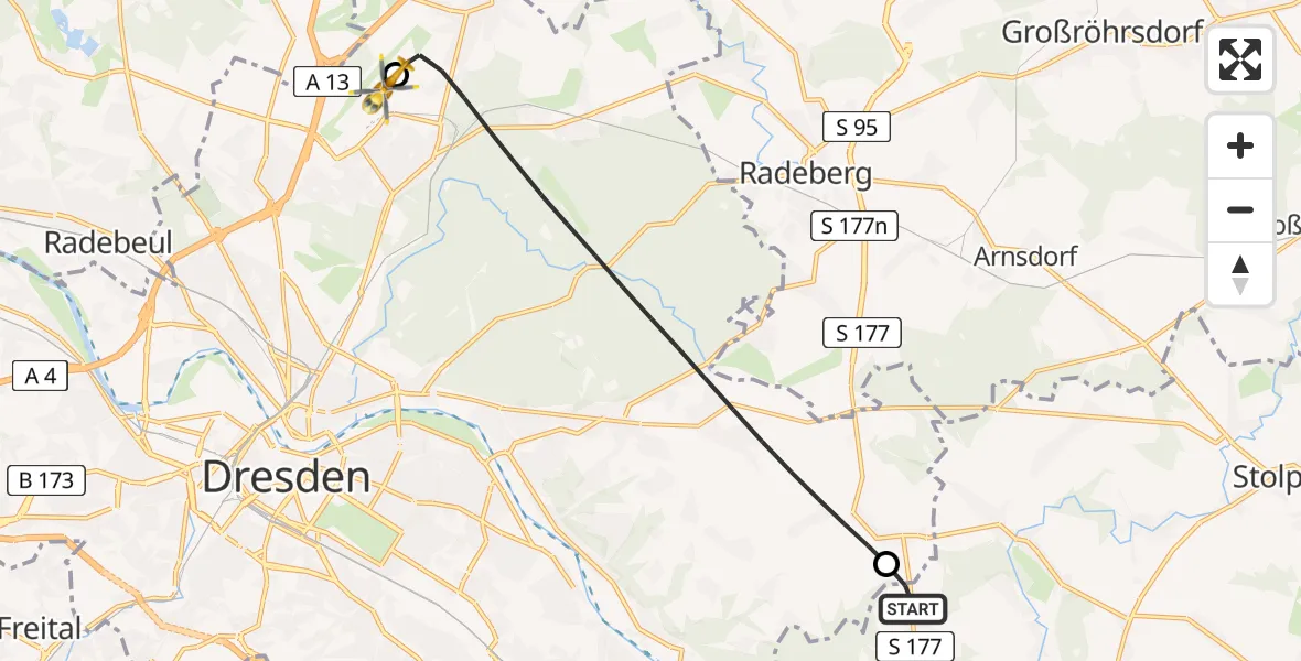 Flugroute Rettungshubschrauber Dürrröhrsdorf-Dittersbach - Dresden Bundespolizei Hubschrauberlandeplatz, 06 Juni 2026, 09:11