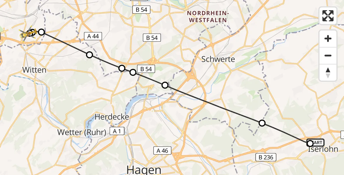 Flugroute Rettungshubschrauber Sankt Elisabeth Hospital Iserlohn - Bochum University Miners' Hospital, 06 Juni 2026, 09:25