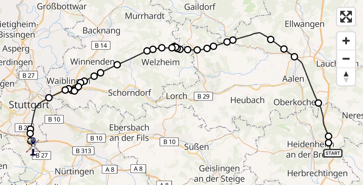 Flugroute Polizeihubschrauber Heidenheim an der Brenz - Flughafen Stuttgart, 06 Juni 2026, 09:27