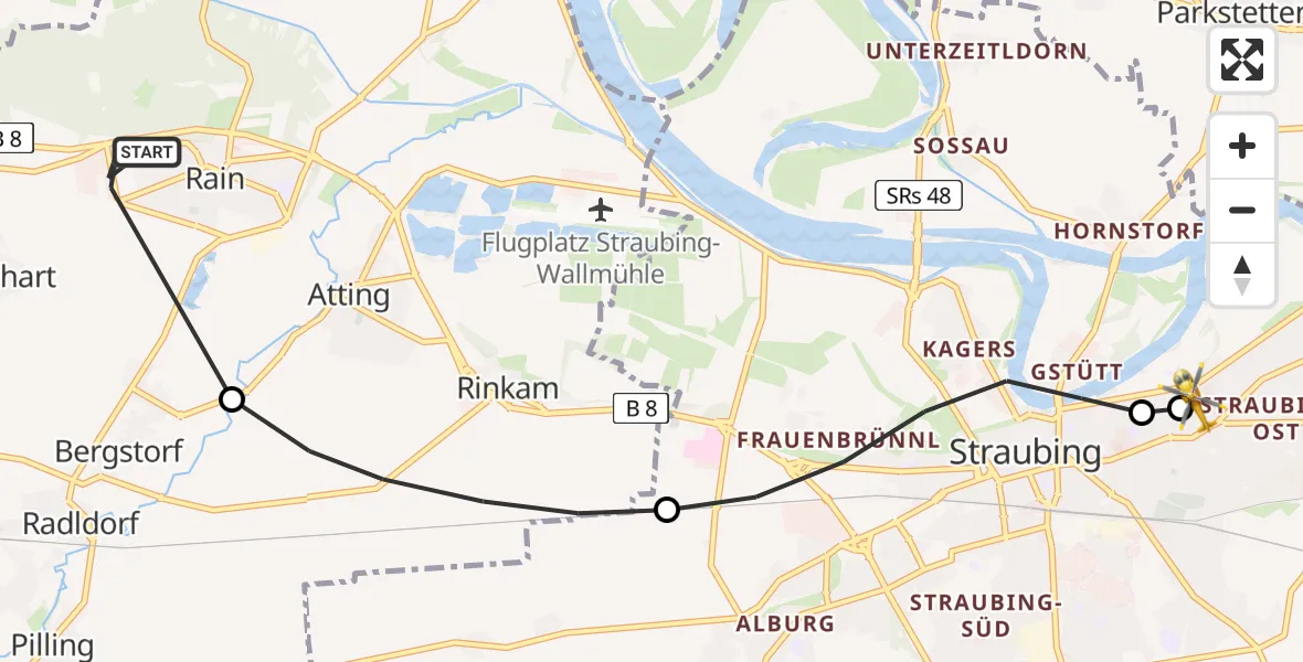 Flugroute Rettungshubschrauber Rain - Sankt Elisabeth Hospital Straubing, 06 Juni 2026, 09:30