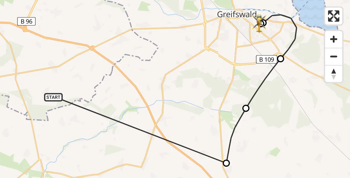 Flugroute Rettungshubschrauber Süderholz - Greifswald Hospital, 06 Juni 2026, 09:33