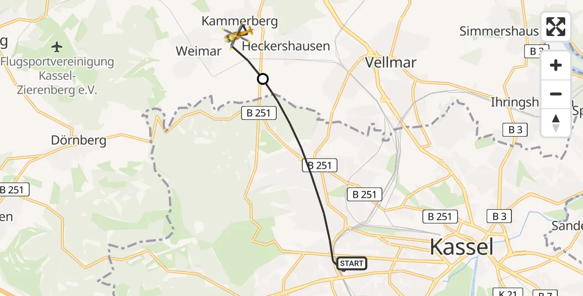 Flugroute Rettungshubschrauber Kassel - Ahnatal, 06 Juni 2026, 09:37