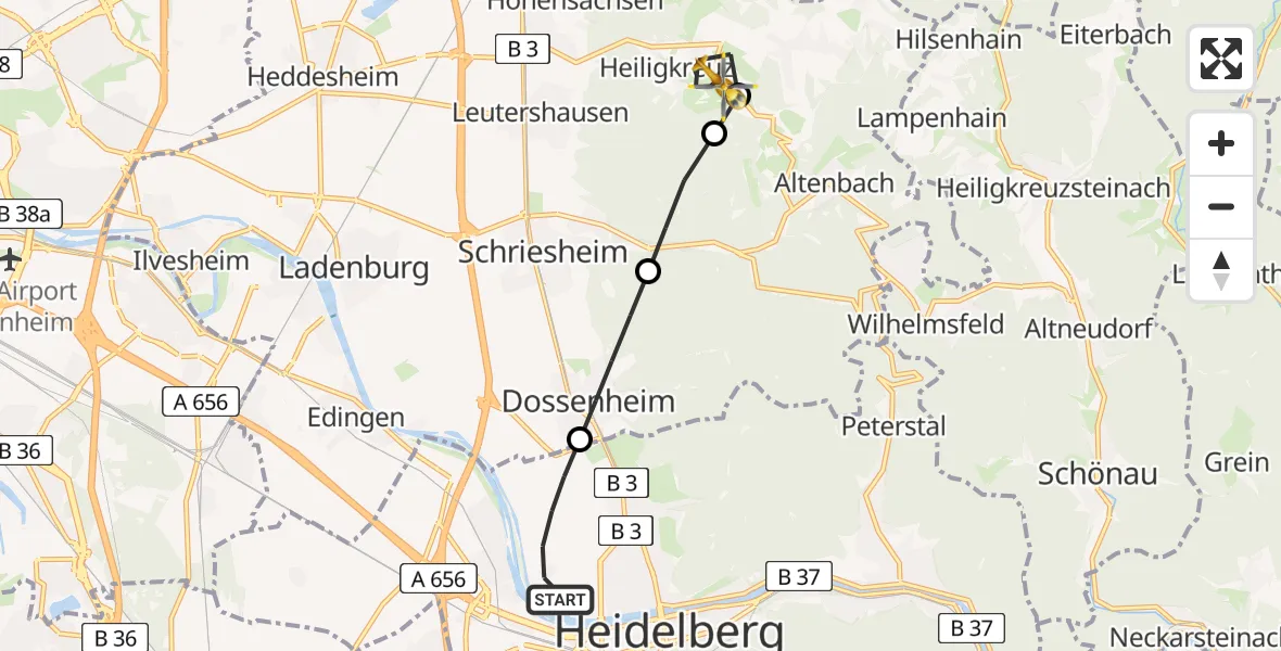 Flugroute Rettungshubschrauber Heidelberg - Weinheim, 06 Juni 2026, 09:39