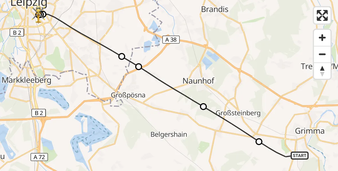 Flugroute Rettungshubschrauber Grimma - Leipzig University Hospital Heliport 1, 06 Juni 2026, 09:44