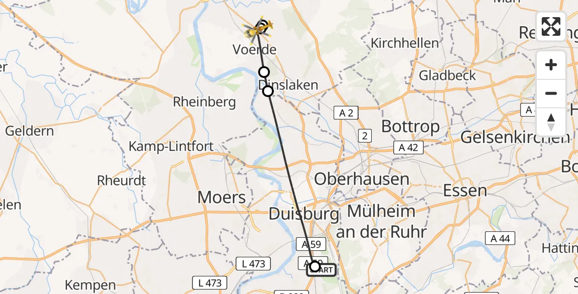 Flugroute Rettungshubschrauber Duisburg Air Rescue Hubschrauberlandeplatz (Christoph 9) - Voerde (Niederrhein), 06 Juni 2026, 09:47