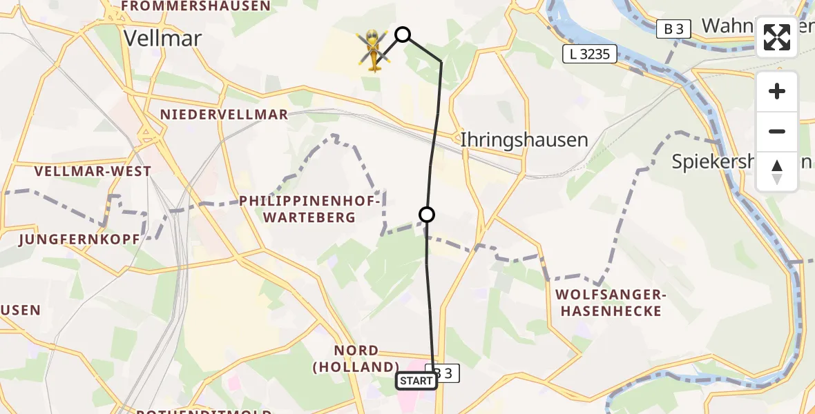 Flugroute Rettungshubschrauber Kassel - Fuldatal Bundespolizei Hubschrauberlandeplatz, 06 Juni 2026, 09:56