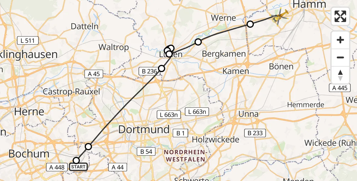 Flugroute Rettungshubschrauber Bochum University Miners' Hospital - Hamm, 06 Juni 2026, 10:09