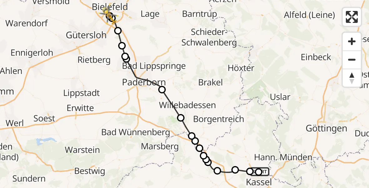 Flugroute Rettungshubschrauber Fuldatal Bundespolizei Hubschrauberlandeplatz - Luftrettungszentrum Bielefeld, 06 Juni 2026, 10:18