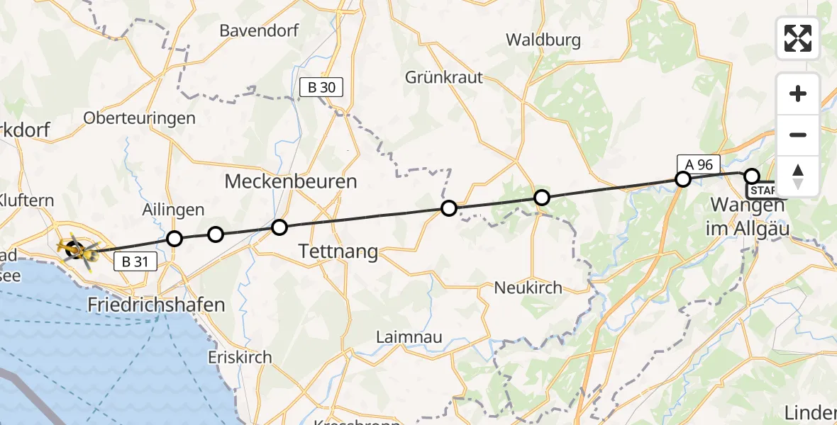 Flugroute Rettungshubschrauber Westallgäu Clinic Wangen Hubschrauberlandeplatz - Friedrichshafen Hospital Hubschrauberlandeplatz, 06 Juni 2026, 10:21