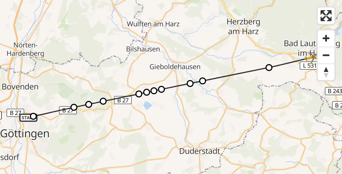 Flugroute Rettungshubschrauber Göttingen University Clinic Hubschrauberlandeplatz - Bad Lauterberg im Harz, 06 Juni 2026, 10:30