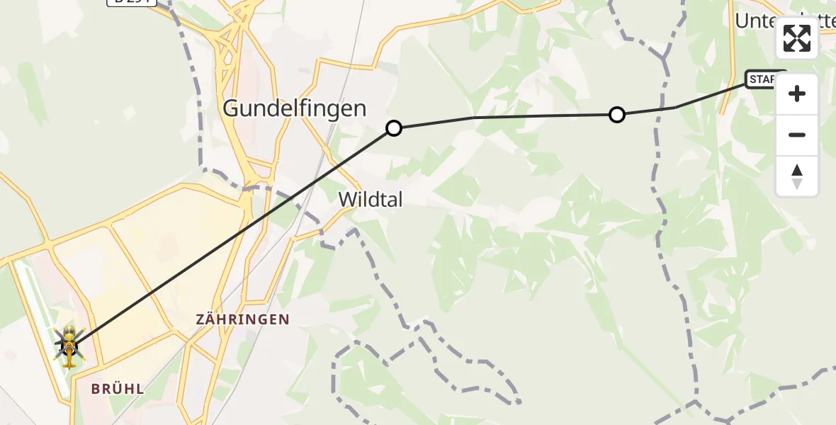 Flugroute Rettungshubschrauber Glottertal - Freiburg im Breisgau Flugplatz, 06 Juni 2026, 10:39