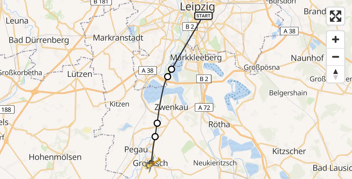 Flugroute Rettungshubschrauber Leipzig University Hospital Heliport 1 - Groitzsch, 06 Juni 2026, 10:40