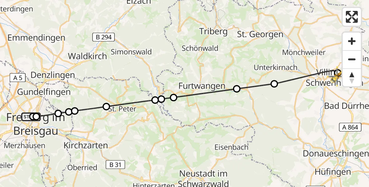 Flugroute Ambulanzhubschrauber Freiburg University Hospital Heliport 1 - DRF Air Rescue Station Villingen-Schwenningen Hubschrauberlandeplatz (Christoph 11), 06 Juni 2026, 10:53