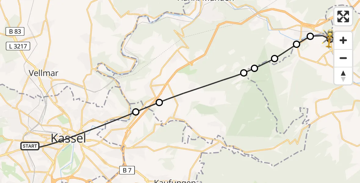Flugroute Rettungshubschrauber Kassel - Witzenhausen, 06 Juni 2026, 10:59