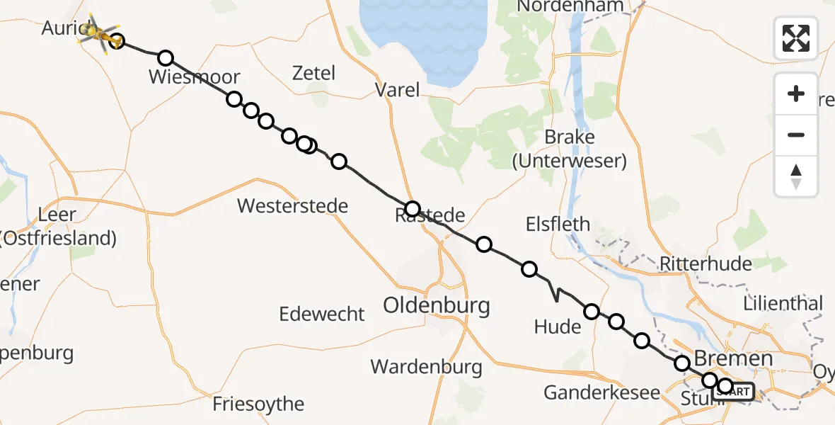 Flugroute Rettungshubschrauber Bremen - Aurich, 06 Juni 2026, 11:02
