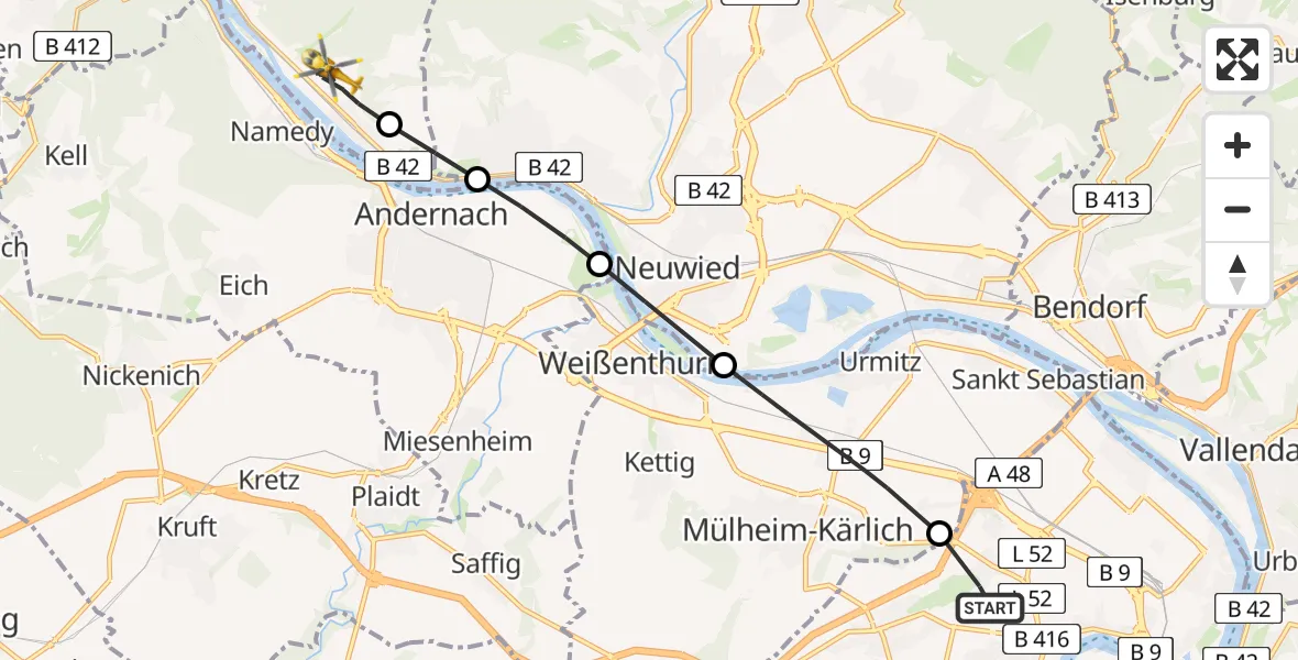 Flugroute Rettungshubschrauber Koblenz - Leutesdorf, 06 Juni 2026, 11:11