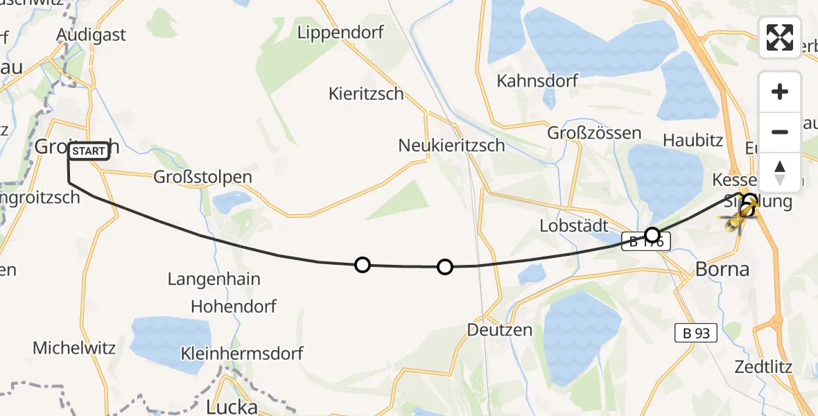 Flugroute Rettungshubschrauber Groitzsch - Sana Hospital Borna, 06 Juni 2026, 11:21