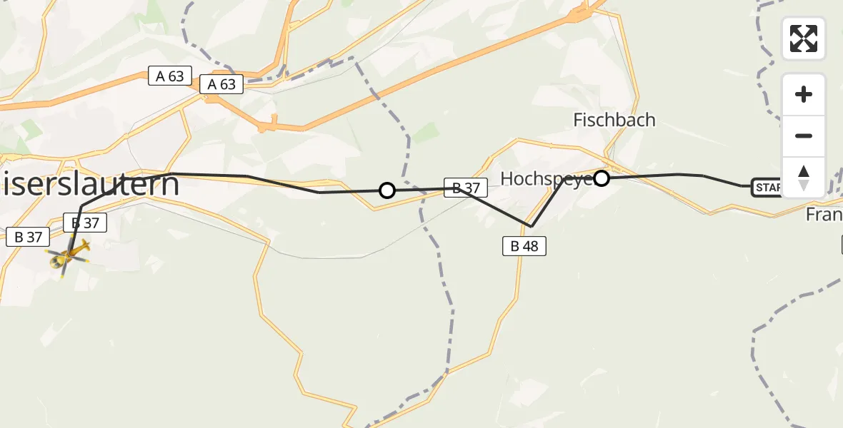 Flugroute Rettungshubschrauber Frankenstein - Kaiserslautern, 06 Juni 2026, 11:23
