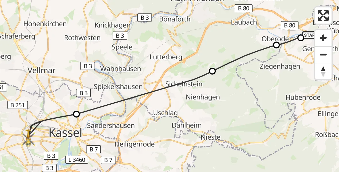 Flugroute Rettungshubschrauber Hann.Münden - Kassel, 06 Juni 2026, 11:23