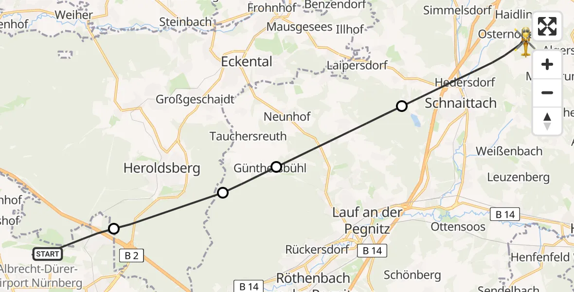 Flugroute Ambulanzhubschrauber Flughafen Nuremberg - Schnaittach, 06 Juni 2026, 11:30