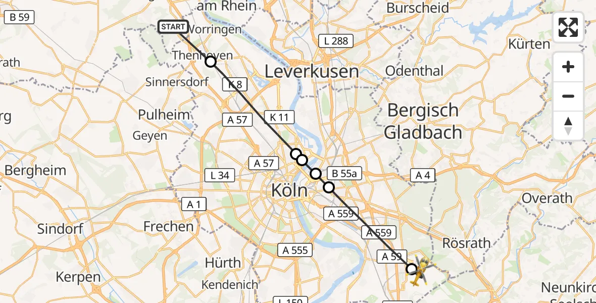 Flugroute Rettungshubschrauber Dormagen - Köln Bonn Flughafen, 06 Juni 2026, 11:31