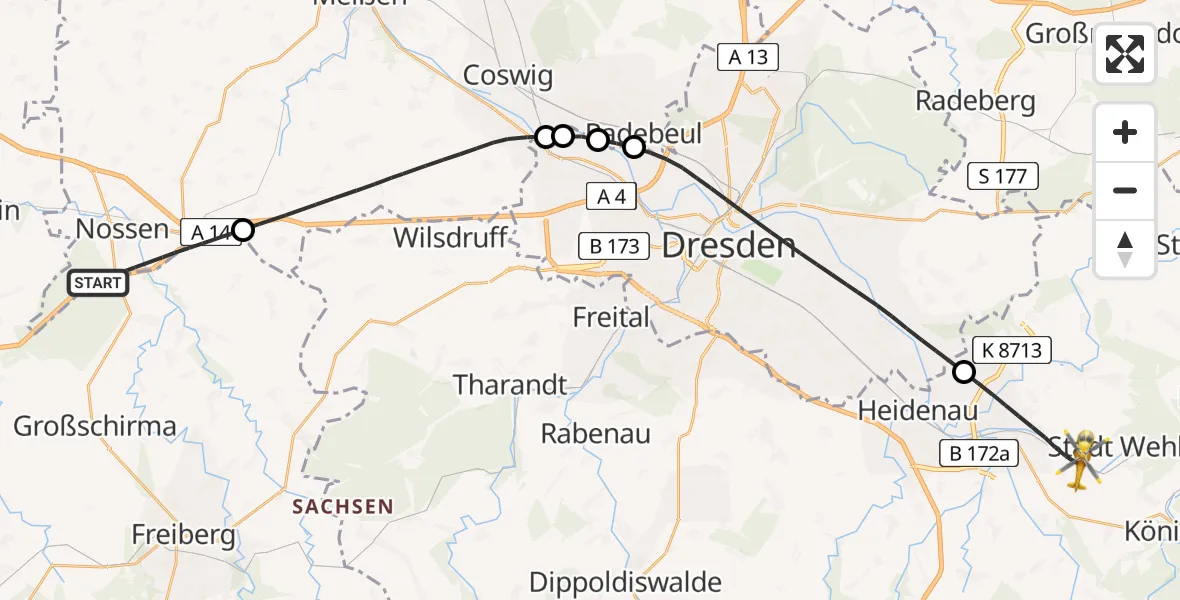 Flugroute Rettungshubschrauber Nossen - Stadt Wehlen, 06 Juni 2026, 11:34
