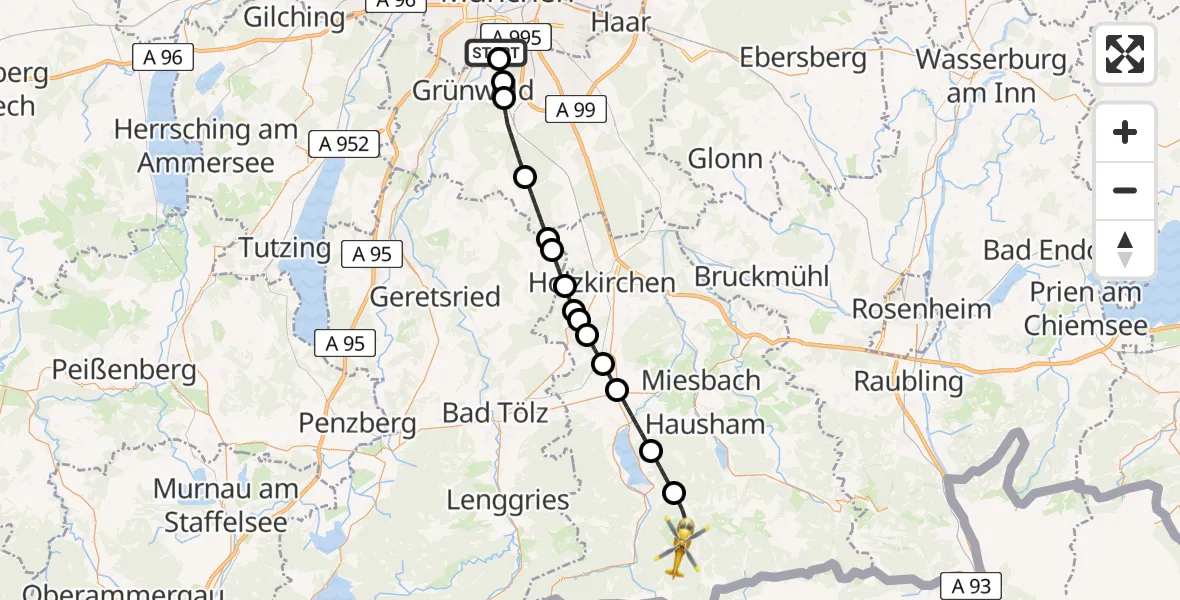 Flugroute Rettungshubschrauber ADAC Air Rescue Center Hubschrauberlandeplatz (Christoph 1) - Rottach-Egern, 06 Juni 2026, 11:53