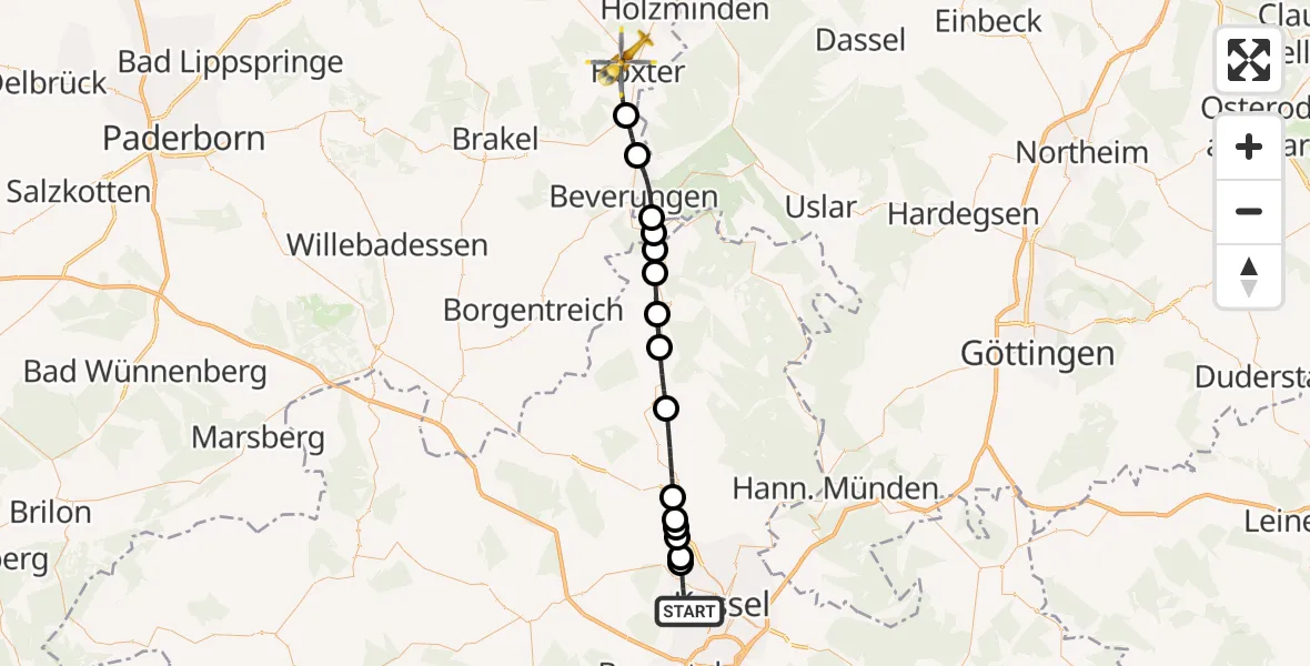 Flugroute Rettungshubschrauber Kassel - Höxter, 06 Juni 2026, 11:56