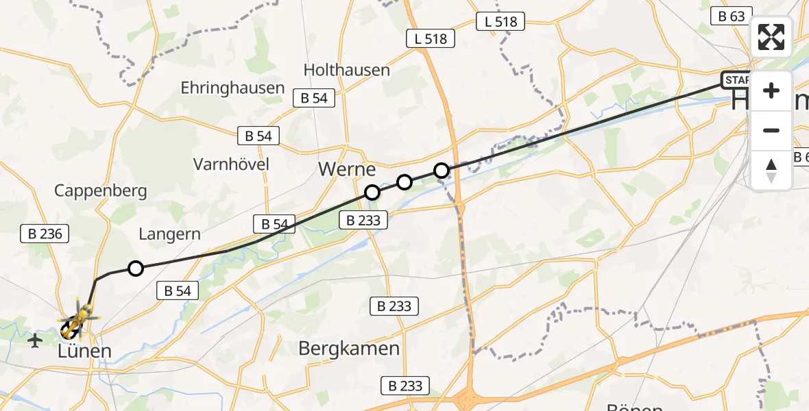Flugroute Rettungshubschrauber Hamm - Sankt Marien Hospital Hubschrauberlandeplatz, 06 Juni 2026, 11:58