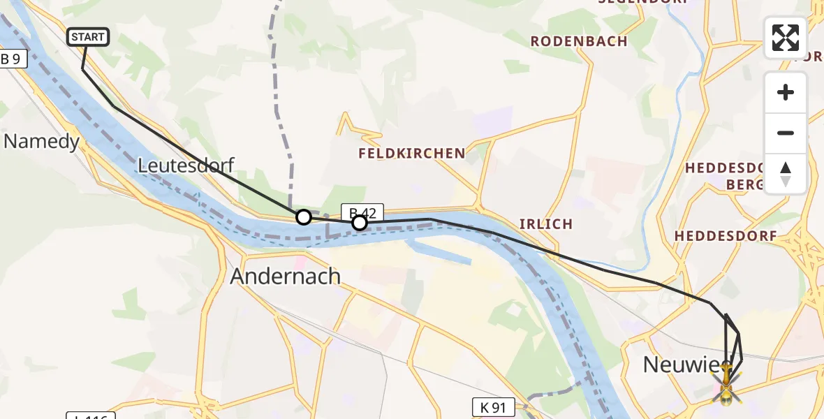 Flugroute Rettungshubschrauber Leutesdorf - Neuwied, 06 Juni 2026, 12:00