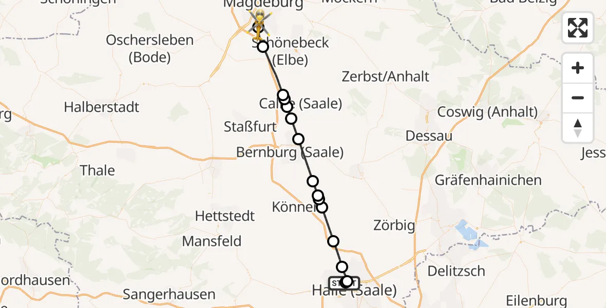 Flugroute Rettungshubschrauber Halle (Saale) University Hospital - Magdeburg City Flugplatz, 06 Juni 2026, 12:01