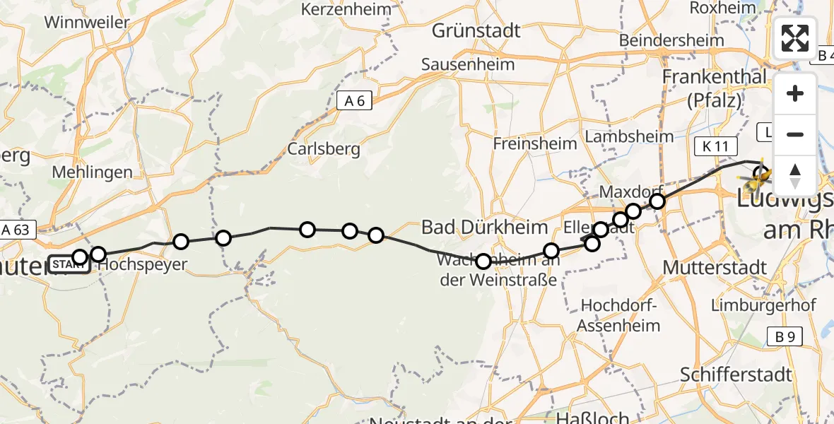 Flugroute Rettungshubschrauber Kaiserslautern Depot Army Hubschrauberlandeplatz - Ludwigshafen Accident Hospital Hubschrauberlandeplatz, 06 Juni 2026, 12:03