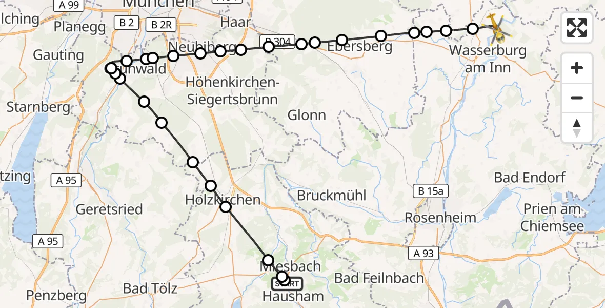 Flugroute Rettungshubschrauber Agatharied Hospital - Soyen, 06 Juni 2026, 12:03