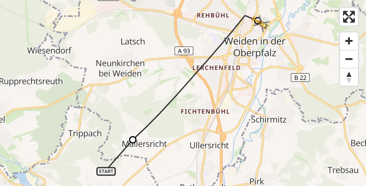 Flugroute Rettungshubschrauber Etzenricht - Weiden Hospital, 06 Juni 2026, 12:06