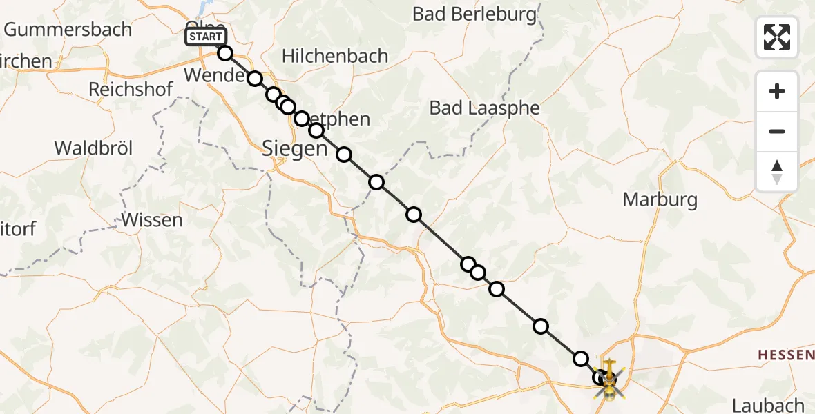 Flugroute Rettungshubschrauber Olpe - Gießen University Hospital, 06 Juni 2026, 12:15