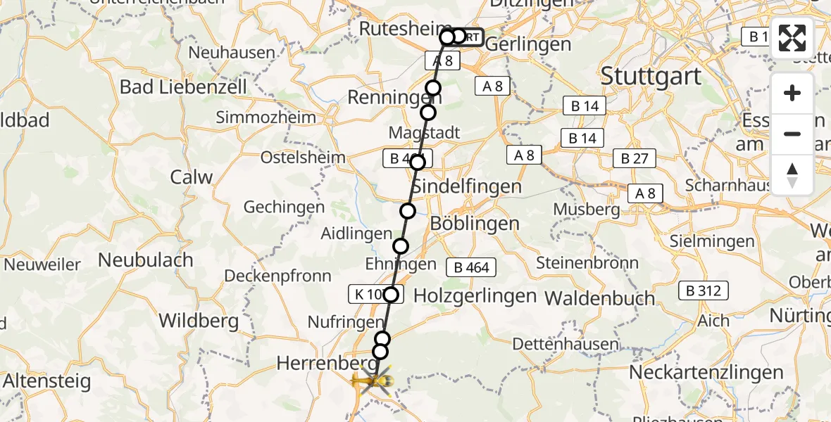 Flugroute Rettungshubschrauber Leonberg Hospital - Herrenberg, 06 Juni 2026, 12:15