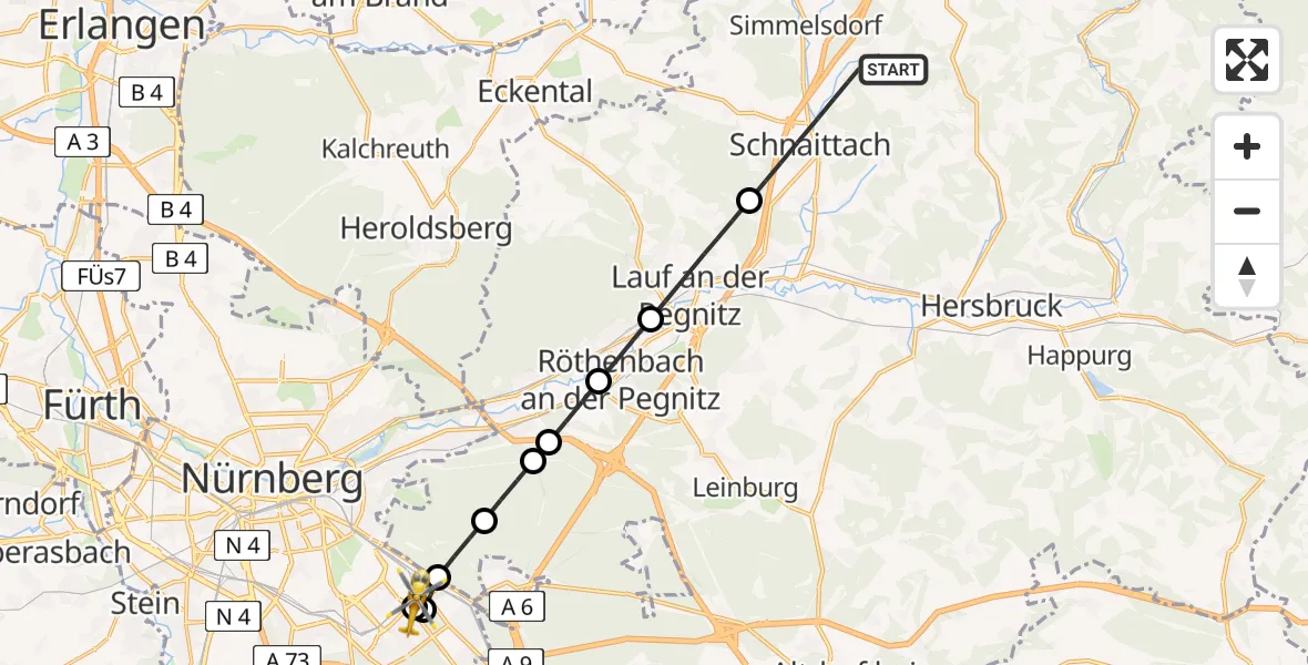 Flugroute Ambulanzhubschrauber Schnaittach - Nürnberg South Hospital, 06 Juni 2026, 12:18