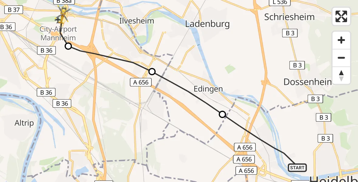 Flugroute Rettungshubschrauber Heidelberg - Mannheim-City Flughafen, 06 Juni 2026, 12:23
