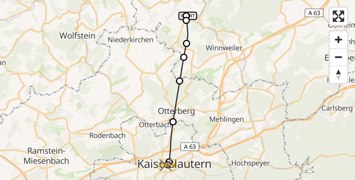 Flugroute Rettungshubschrauber Imsweiler UL - Westpfalz Hospital Kaiserslautern, 06 Juni 2026, 12:31