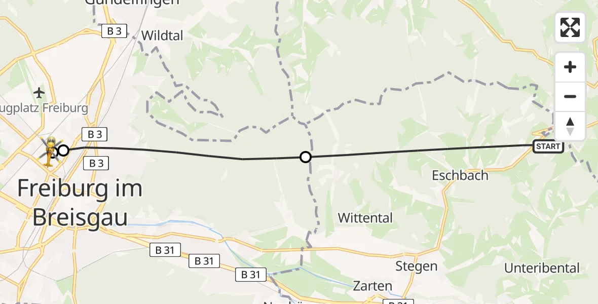 Flugroute Rettungshubschrauber Stegen - Freiburg University Hospital Heliport 1, 06 Juni 2026, 12:35