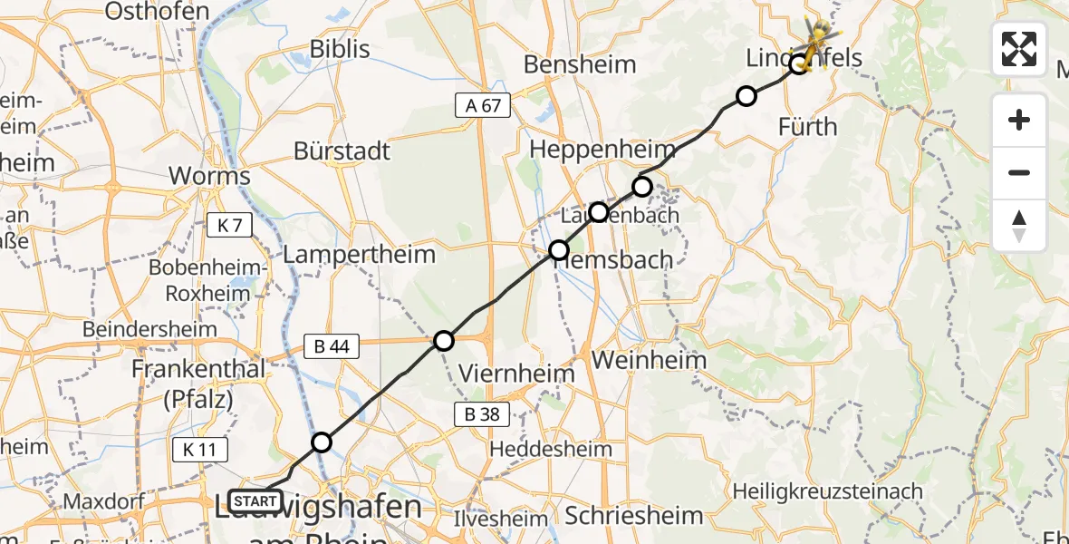 Flugroute Rettungshubschrauber Ludwigshafen am Rhein - Lindenfels, 06 Juni 2026, 12:37