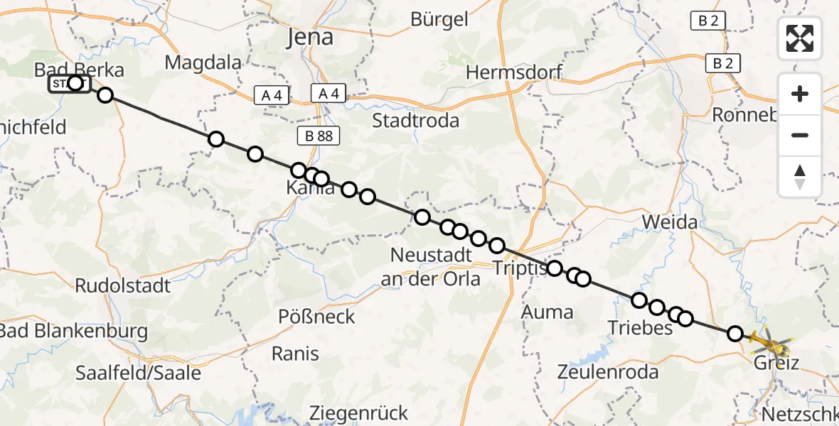 Flugroute Ambulanzhubschrauber Bad Berka Central Hospital - Greiz, 06 Juni 2026, 12:38
