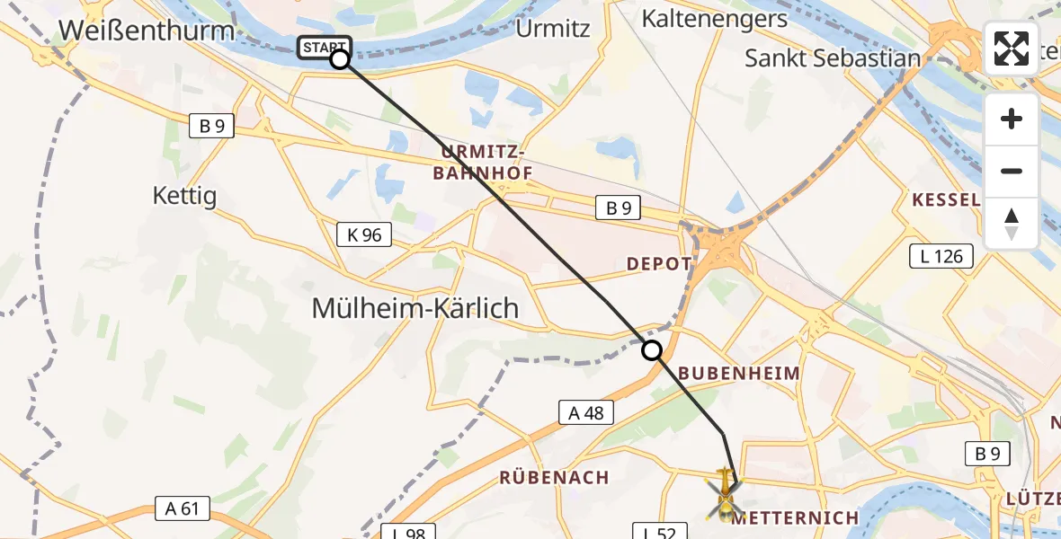 Flugroute Rettungshubschrauber Neuwied - Koblenz, 06 Juni 2026, 12:42
