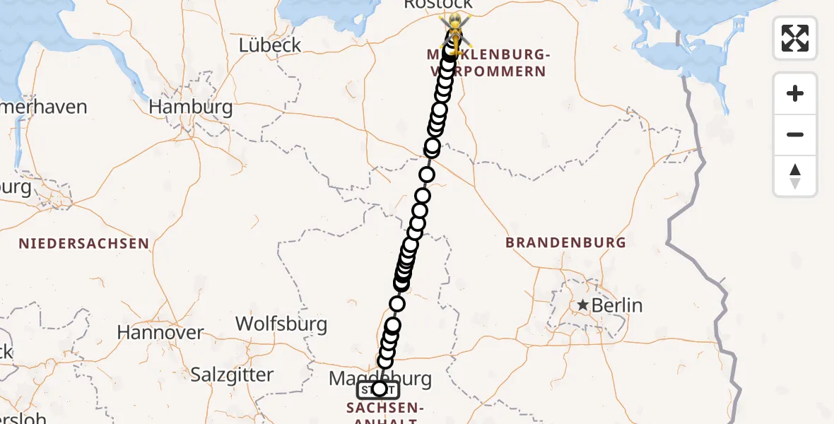 Flugroute Rettungshubschrauber Magdeburg City Flugplatz - Flughafen Rostock-Laage, 06 Juni 2026, 12:50